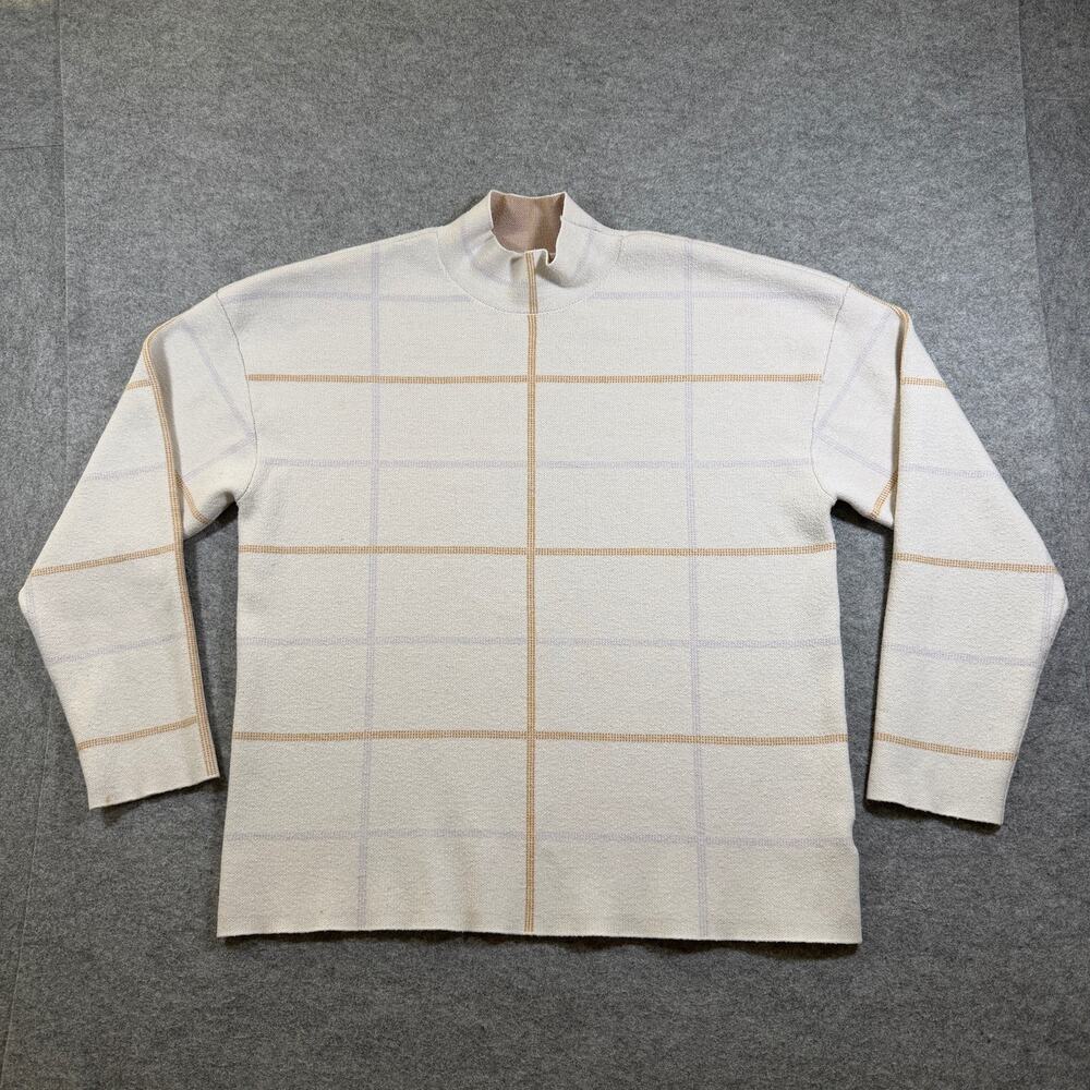 Anthropologie Windowpane Plaid Sweater Womens L Cream Mock Neck Knit Pullover